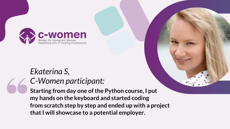 a female participant in the C women program grinning and writing a paragraph that is complimentary of her involvement in the program
